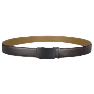 Premium dark brown leather belt with black matte automatic buckle for men's business wear