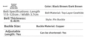 Detailed chart showing cowhide leather belt specs, size 3.7cm width and copper buckle