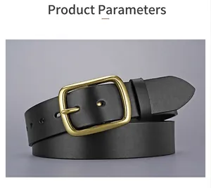 Detail of premium black leather belt with brushed gold square pin buckle and parameters