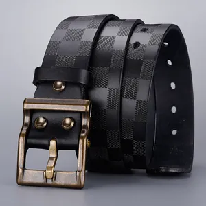 Men's retro thick genuine leather belt with black checkered pattern and bronze pin buckle