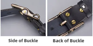 Detail view of vintage bronze buckle with screws on black leather belt for men