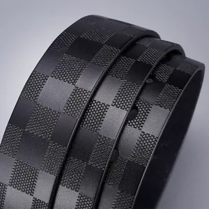 Men's retro black genuine leather belt with embossed checkerboard pattern and pin buckle