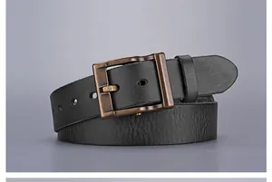 Close-up of black leather belt featuring a vintage bronze metal square pin buckle detail