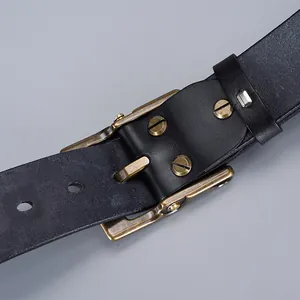 Retro black grain leather belt with vintage brass pin buckle and embossed grid pattern