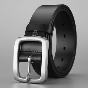 Men's premium black leather belt with silver brushed square pin buckle in a side view