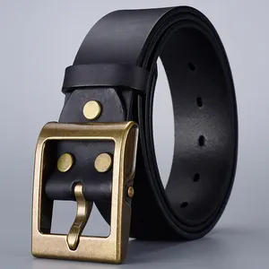 Classic black top grain leather men's belt with vintage brass pin buckle and rivets