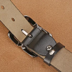 Vintage black leather belt with irregular pin buckle and premium gunmetal finish