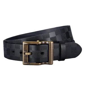 Men's retro checkered embossed leather belt with a vintage bronze square pin buckle
