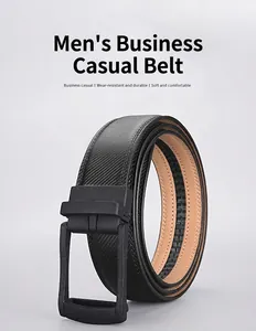 Close-up of men's leather belt with carbon fiber texture and black matte automatic buckle