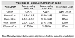 Waist and pant size chart for men's leather belt showing conversions and lengths
