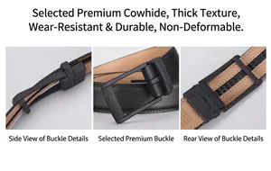Detail view of premium black cowhide leather belt and matte alloy automatic buckle