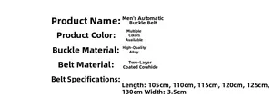 Detailed size chart of men's automatic buckle leather belt with 3.5cm width specs
