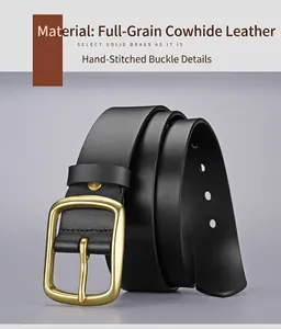 Detailed view of the solid brass buckle and premium black cowhide leather belt