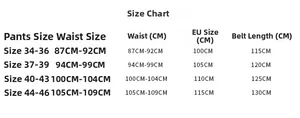 Size chart for men's leather belt showing waist measurements from 87cm to 109cm