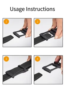 Step-by-step instruction showing how to assemble the matte black buckle and leather belt