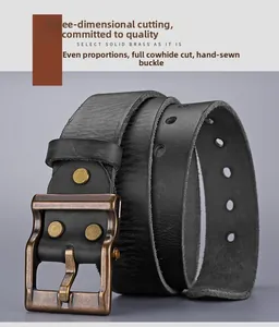 Macro detail of men's leather belt featuring solid brass buckle and handmade stitching