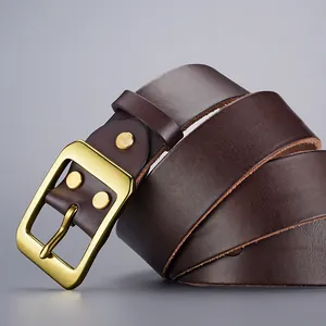 Ceinture vintage en cuir de vachette marron foncé avec boucle en laiton vieilli pour homme