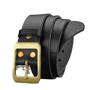 Ceinture vintage en cuir véritable noir pour homme avec boucle en laiton et rivets