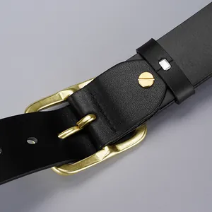 Classic men's black leather belt with premium gold pin buckle for business casual attire