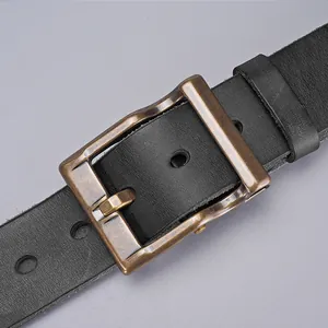 Men's vintage black leather belt with antique bronze pin buckle for casual denim jeans
