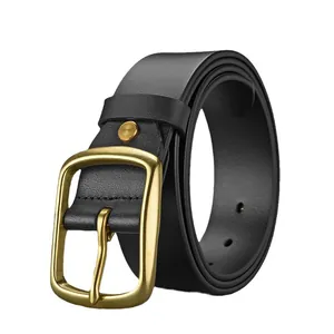 Classic men's black leather belt with vintage brass pin buckle on a white background
