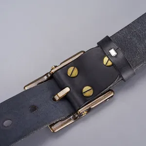 Mens vintage genuine leather belt with brass buckle and screws in a 45-degree angle