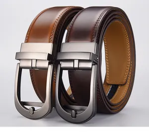 Detail of premium men's leather belts with auto-buckles and precision stitching