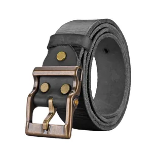Men's vintage black genuine leather belt with bronze buckle and decorative rivets
