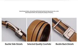 Detail of brown leather belt with black ratchet track and gunmetal automatic buckle