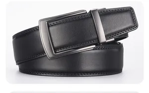 Close-up of black leather belt with detailed stitching and matte metal automatic buckle