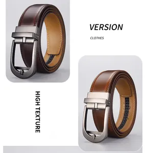 Detail view of premium leather belts with automatic buckles and durable double stitching