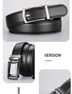 Detail of premium black leather belt showing lychee texture and silver automatic buckle