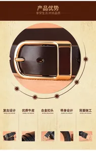 Detailed close-up of dark brown leather belt with solid gold-tone alloy pin buckle