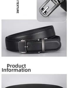 Detail of premium black lychee grain leather belt with matte gunmetal automatic buckle