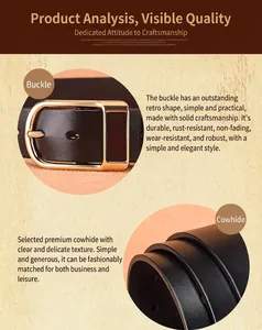 Detail of premium brown cowhide leather belt and textured gold-tone metal D-ring buckle