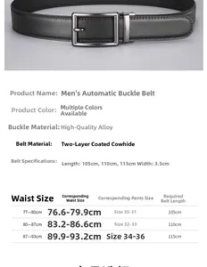Size chart for men's leather belt with alloy automatic buckle and length measurements