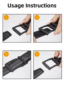 Usage guide showing four steps to buckle and unbuckle the black leather belt buckle