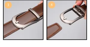 Detailed view of brown leather belt with brushed metal buckle and fine stitching