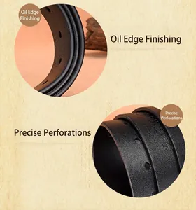 Detail of premium black leather belt showing smooth oiled edges and precision punches