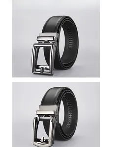 Detail view of premium leather belts with matte gunmetal and brushed silver alloy buckles