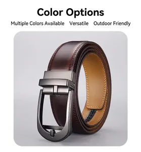 Close-up of brown leather belt with stitching details and gray automatic metal buckle