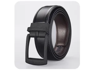 Detail of men's leather belt showing dual-layer black and brown texture and auto buckle