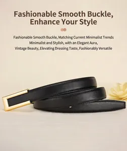Detail of premium black leather belt for women featuring a sleek gold rectangular buckle