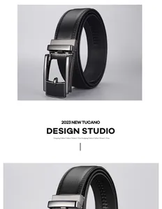 Detail of premium black leather belt with automatic alloy buckle and non-slip track design