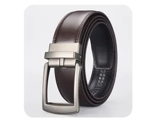 Macro detail of brown leather belt with twin stitching and matte grey automatic buckle
