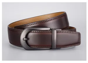 Detail of premium brown leather belt featuring durable double stitching and metal pin buckle