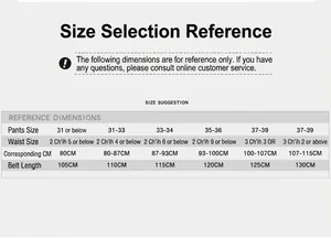 Size chart showing dimensions for genuine leather belts including waist size and length