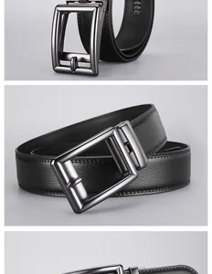 Detail of premium black lychee grain leather belt with gunmetal automatic buckle
