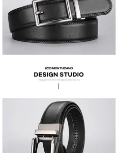 Detailed macro view of black leather belt with lychee texture and metallic automatic buckle