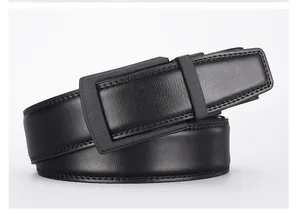 Close-up of black leather belt with matte metal buckle and neat stitching details